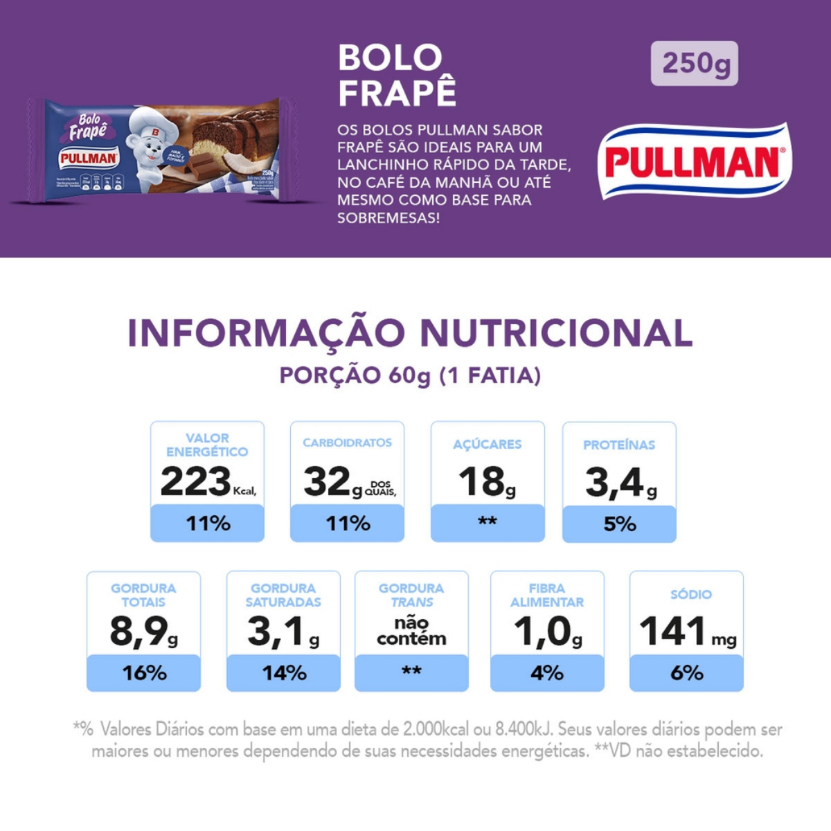 Bolo Frapê Chocolate e Baunilha Pullman Pacote 250g